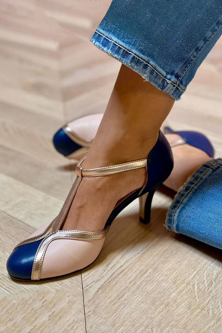 Orlaug | T-Strap Pumps med Fargeblokker og Retro Design