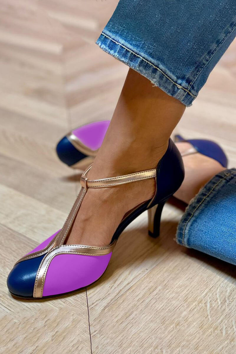 Orlaug | T-Strap Pumps med Fargeblokker og Retro Design